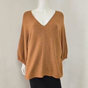J Jill PureJill V-Neck Sweater Size L Rust Orange Flecked Puff 3/4 Slv Stretch
